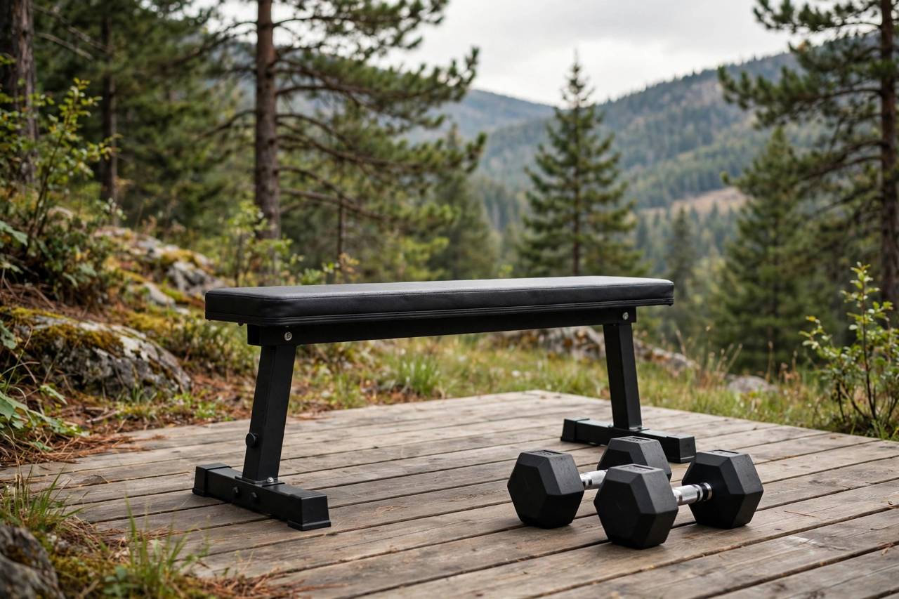 Sturdy workout bench and dumbbells arranged for step up exercise, no people, landscape