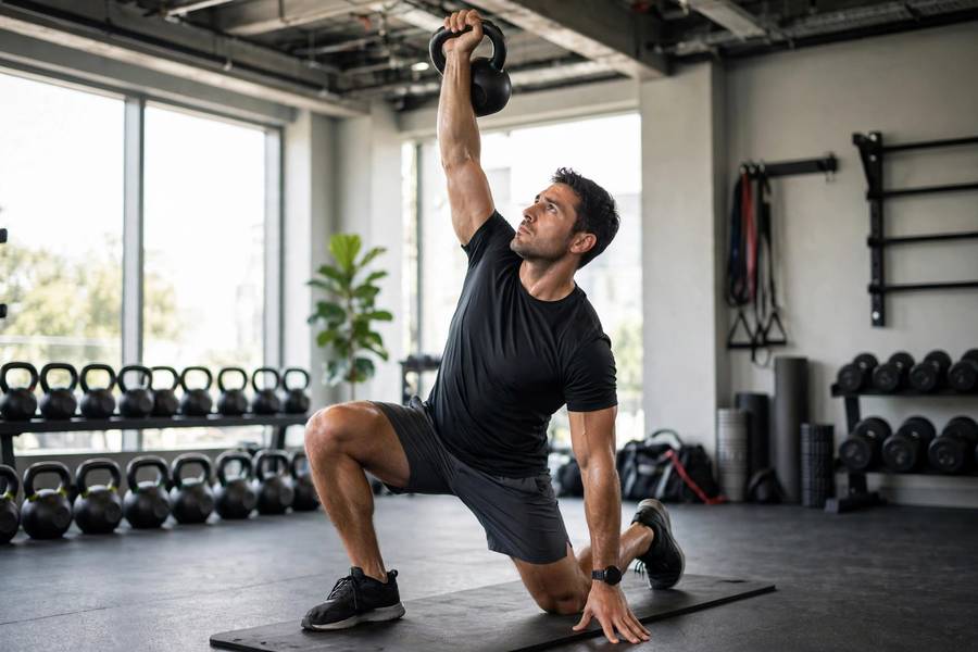 Close-up of a straight wrist gripping a kettlebell handle overhead during a Turkish get-up