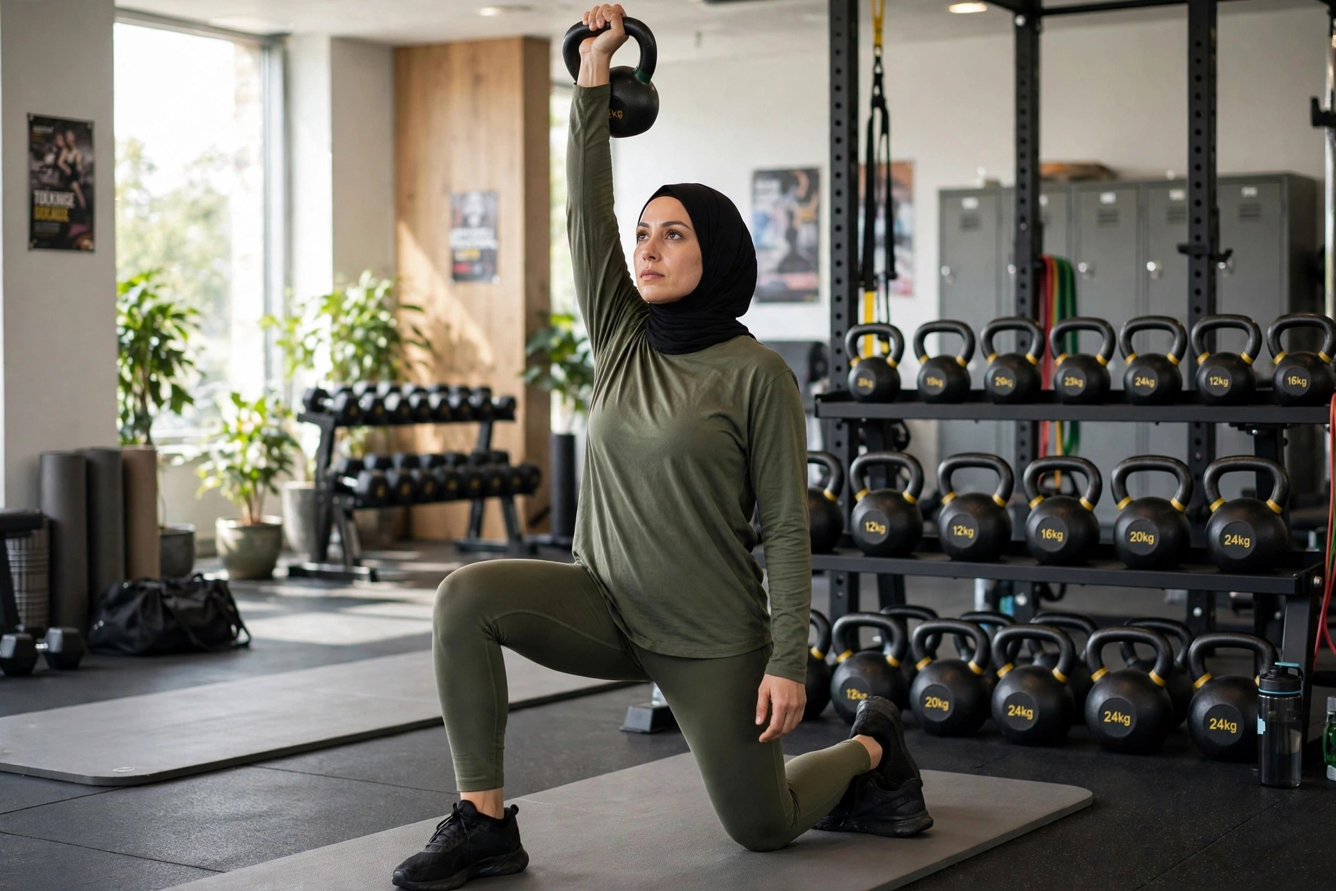 Woman in a half-kneeling lunge position holding a kettlebell overhead during a Turkish get-up
