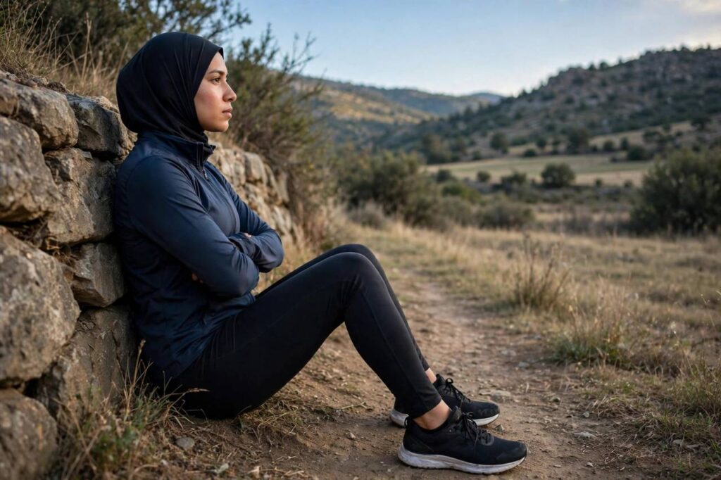 Person in modest full-coverage athletic wear (torso fully covered, no midriff, full-length leggings) holding a wall sit with 90-degree knees, side view, landscape