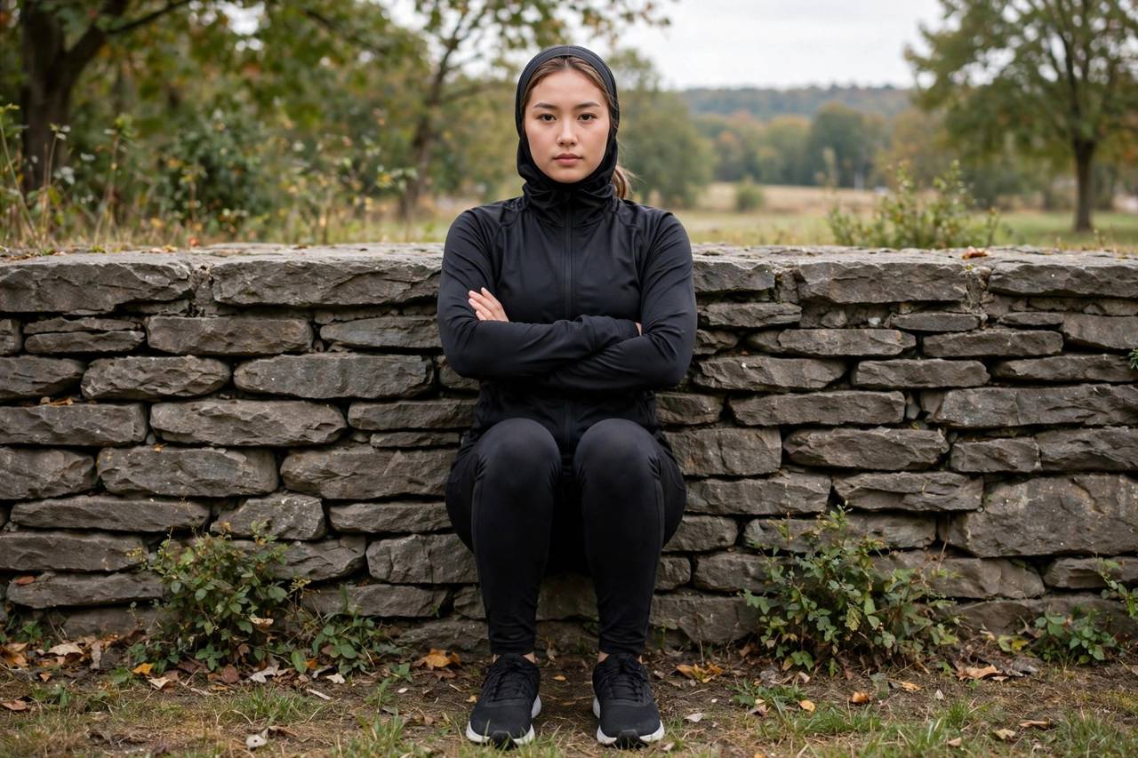 Person in modest full-coverage athletic wear (torso fully covered, no midriff, full-length leggings) doing a wall sit with arms crossed, front view, landscape