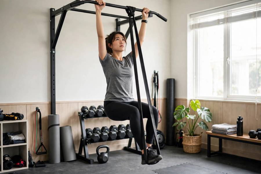 Man holding a dead hang from a pull-up bar with straight arms