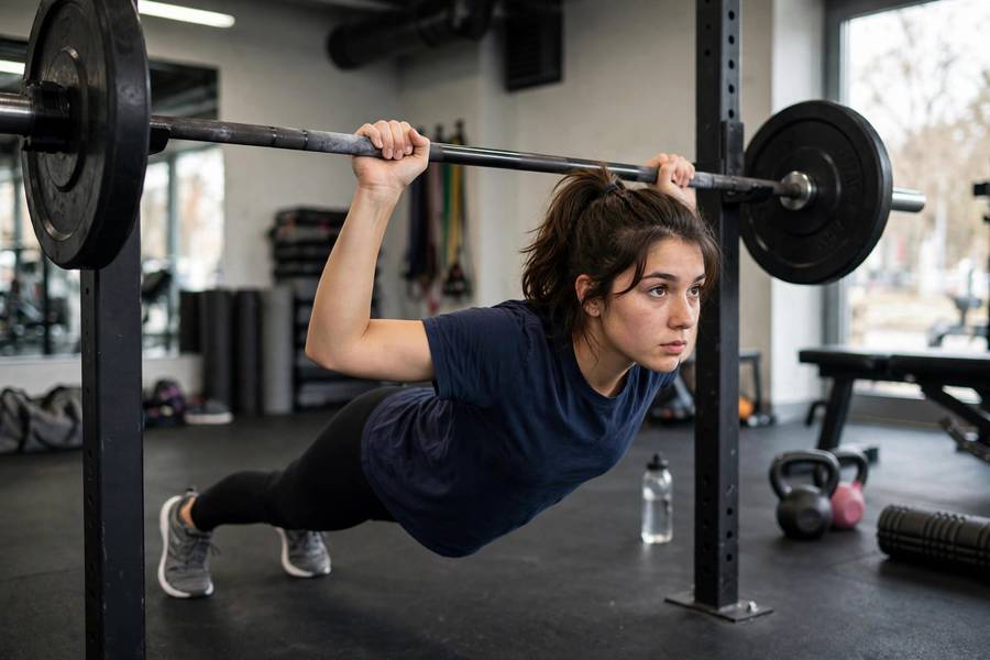 Beginner athlete performing inverted rows under a low bar in a gym