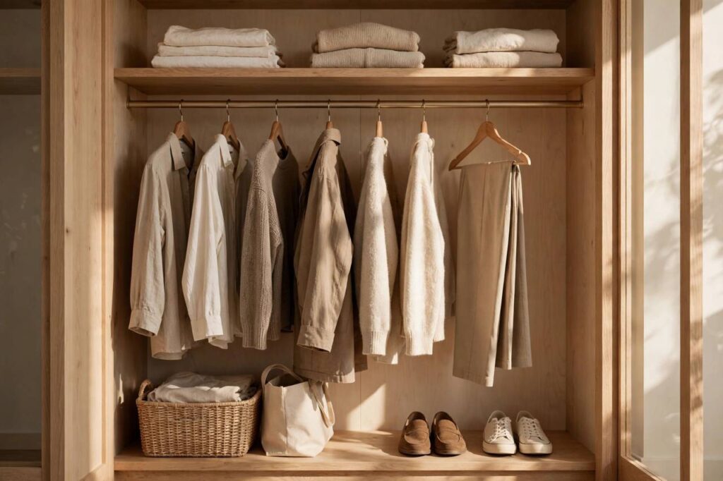 Minimalist wardrobe with neatly hung clothes in neutral tones, tidy closet interior