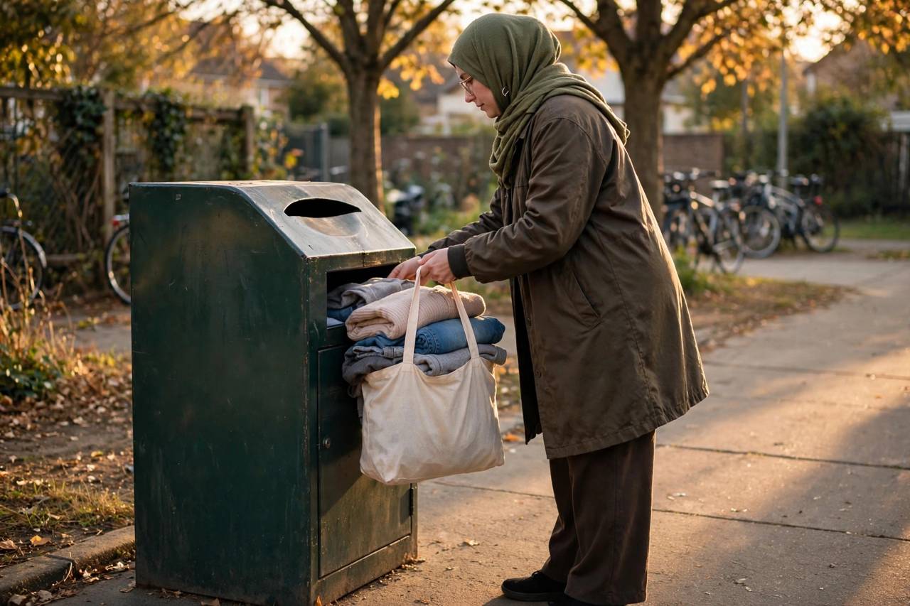 Person donating a bag of folded clothes at a charity donation point, modest clothing
