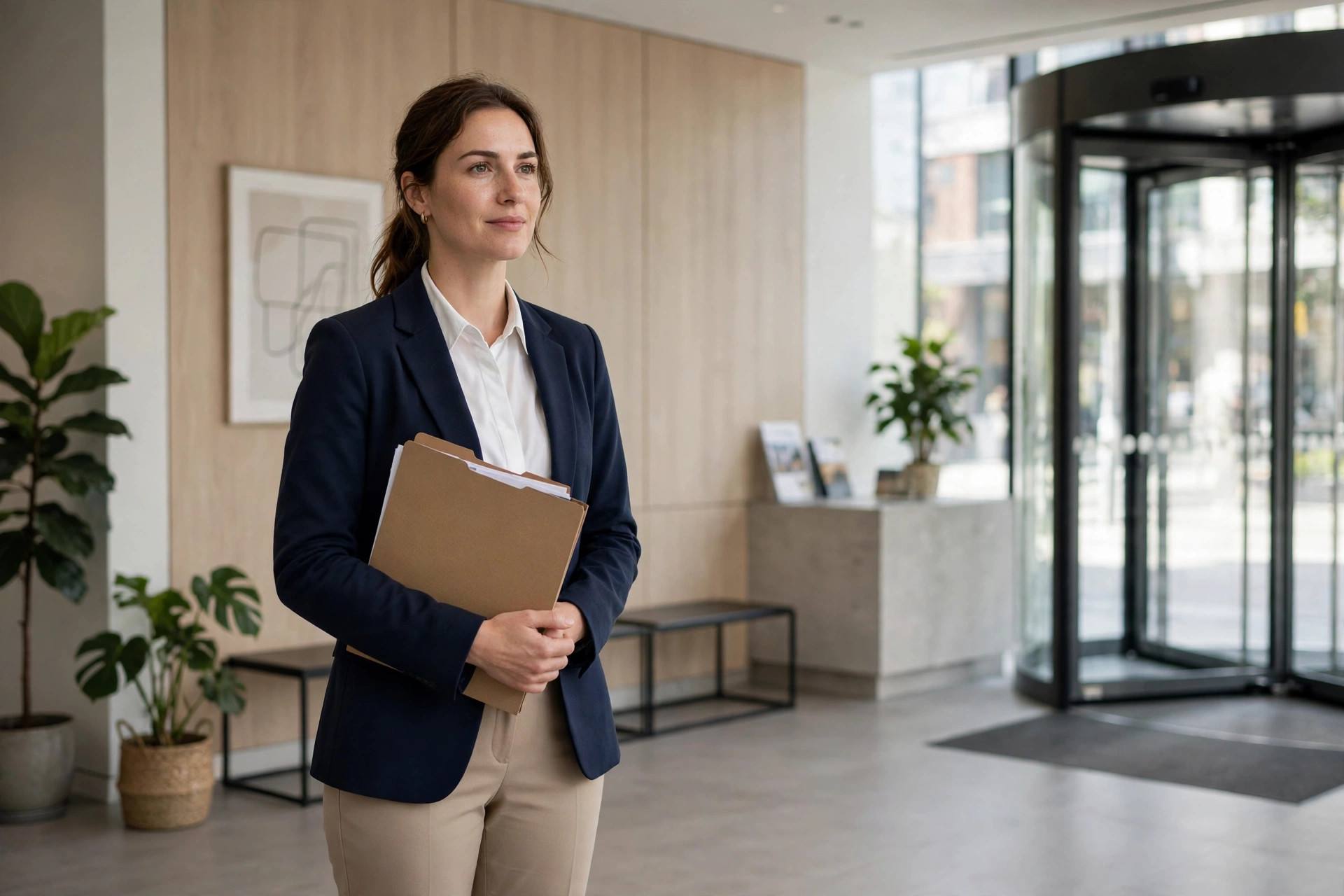 Woman in modest blazer and trousers business casual interview outfit