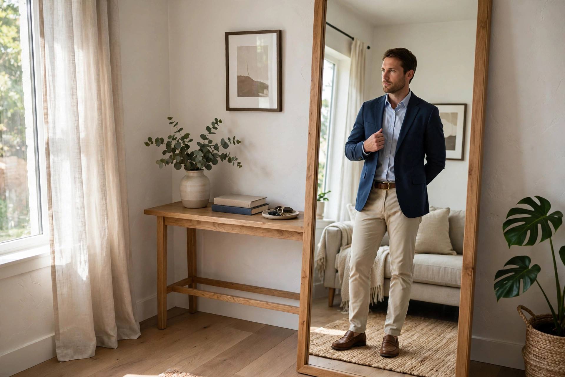 A man in a smart business casual interview outfit with blazer and chinos in a full-length mirror