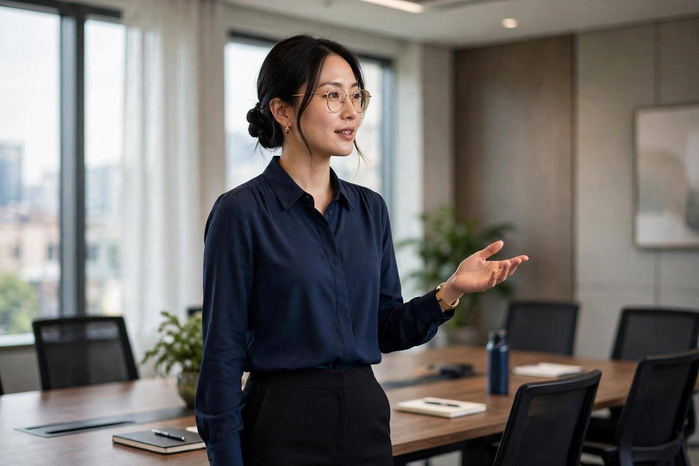 Professional woman in a modest blouse and tailored trousers presenting in a conference room