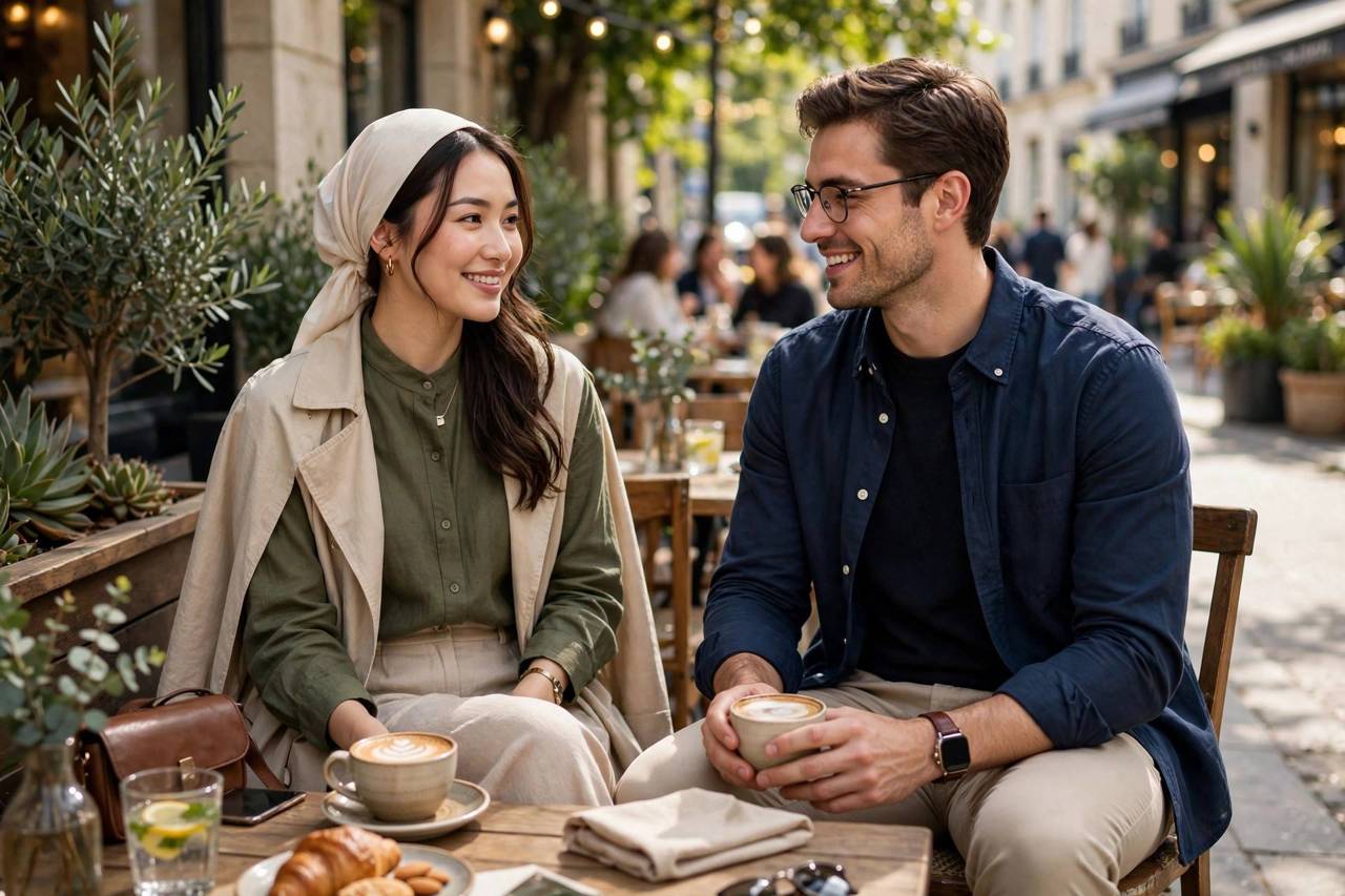 Couple enjoying coffee at a sunny cafe terrace, both dressed smart casual