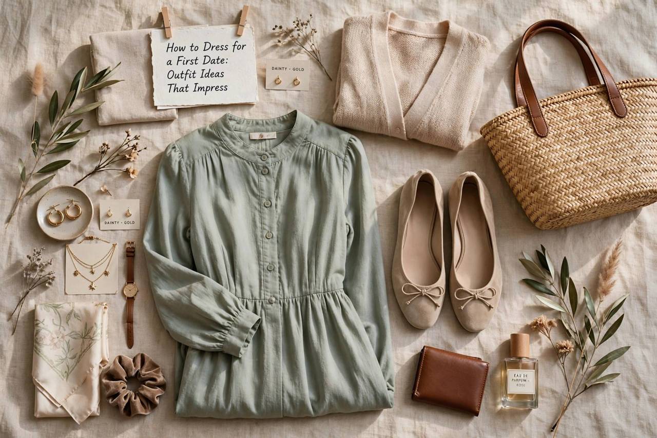 Flat lay of first date outfit essentials: dress, shoes, bag and accessories