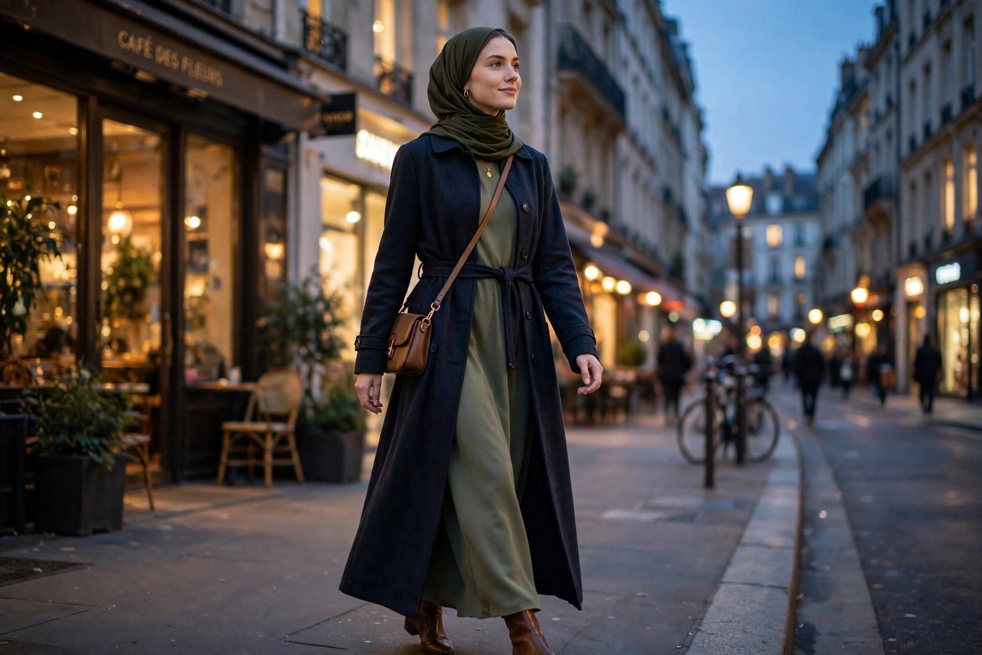 Confident woman in a chic modest evening outfit walking in the city at dusk