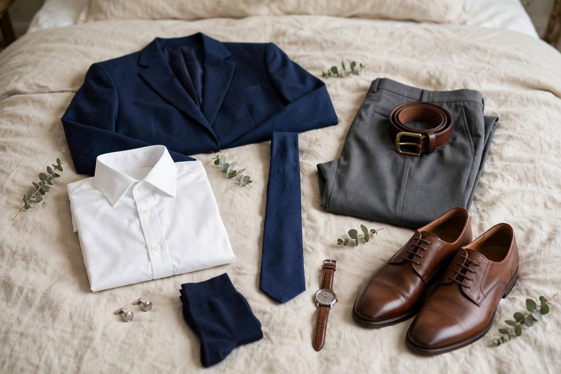 Professional interview attire laid out on a bed