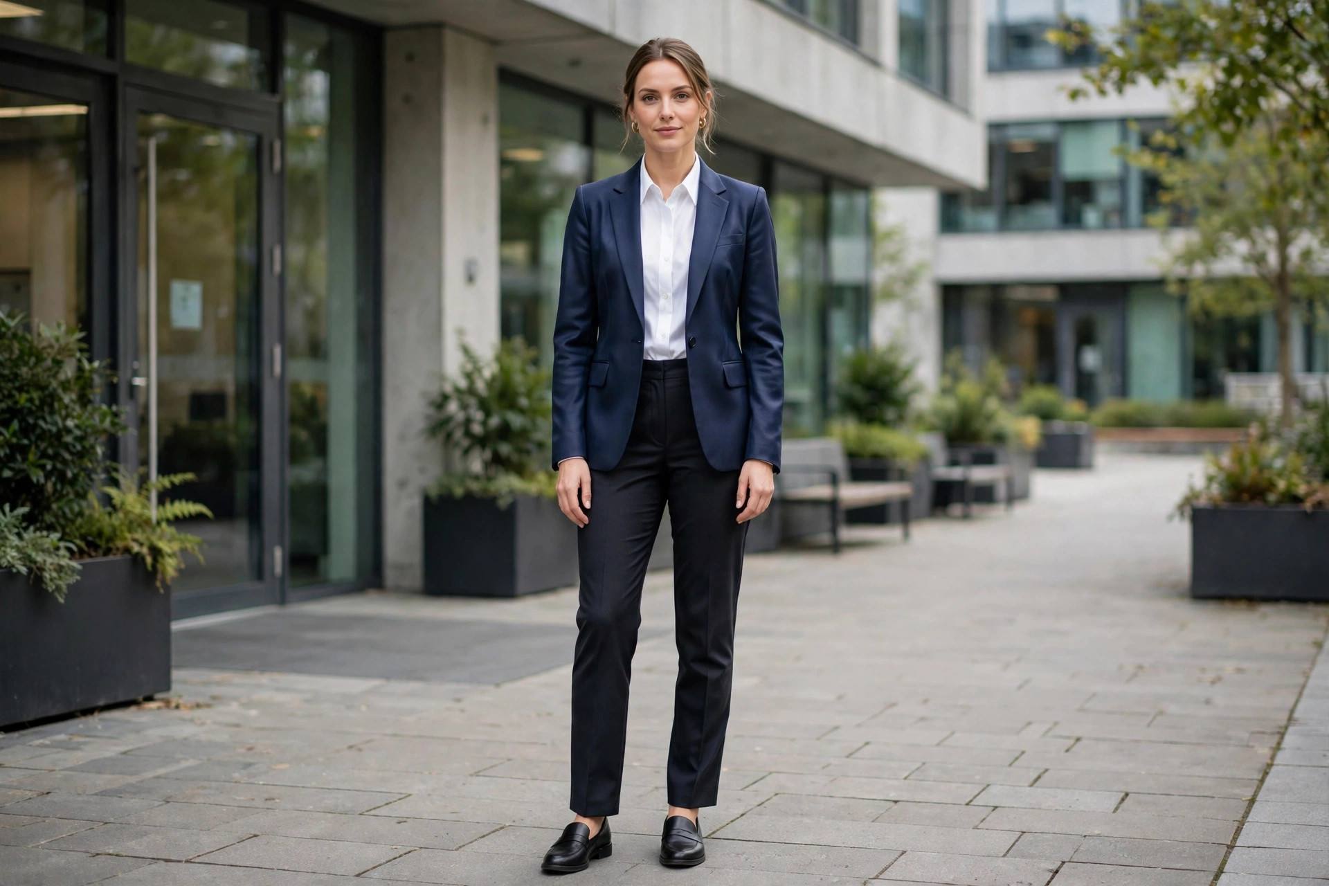 Woman in a polished blazer outfit ready for a job interview