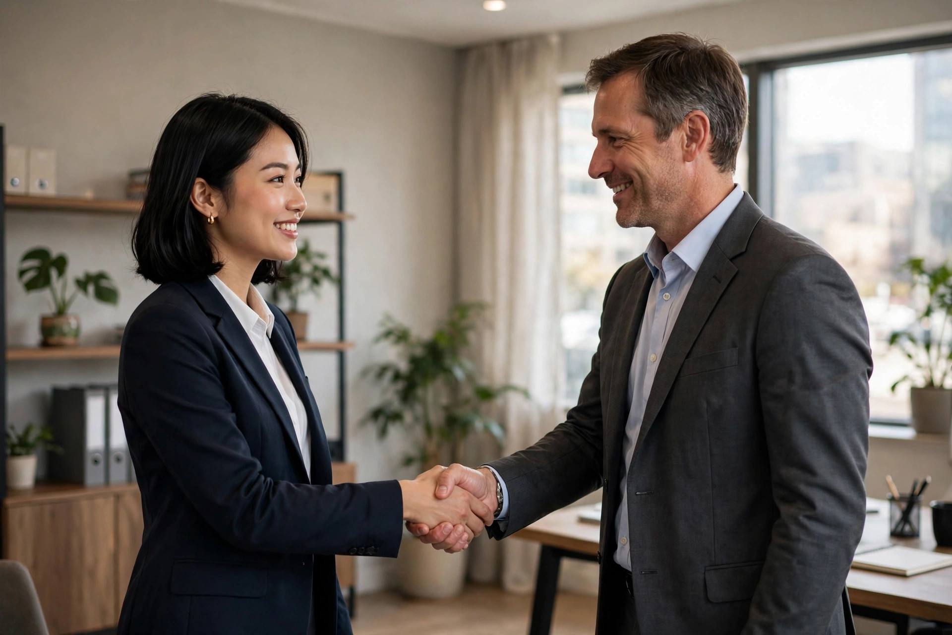 Confident candidate shaking hands in an office