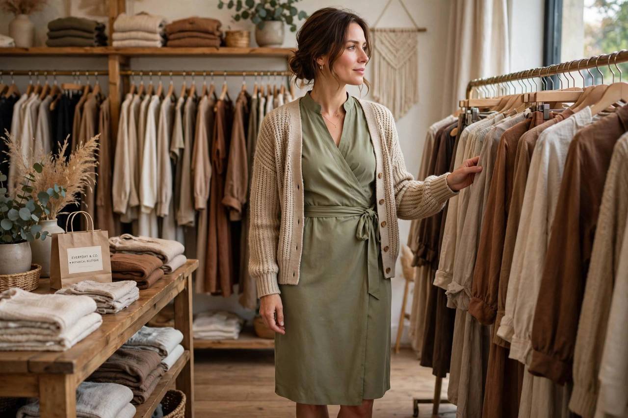 Woman in a well-fitted wrap dress in a boutique