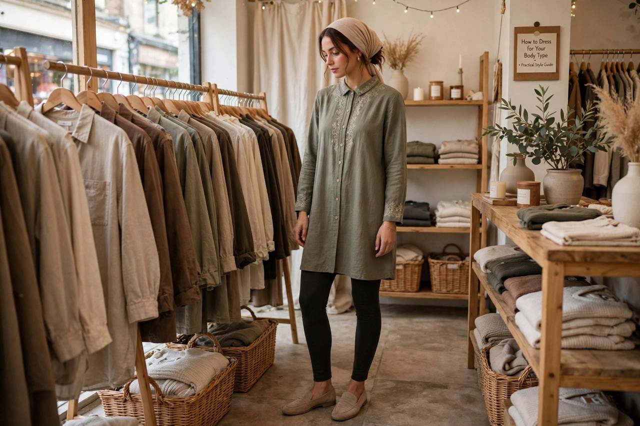 Elegant tunic top with leggings outfit on a model