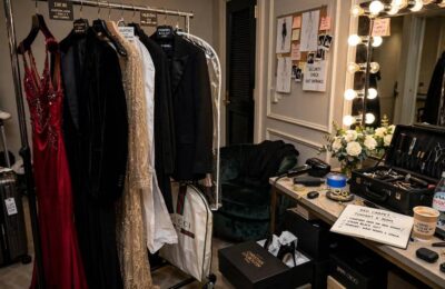 Stylist's clothing rack showing how to dress like a celebrity behind the scenes