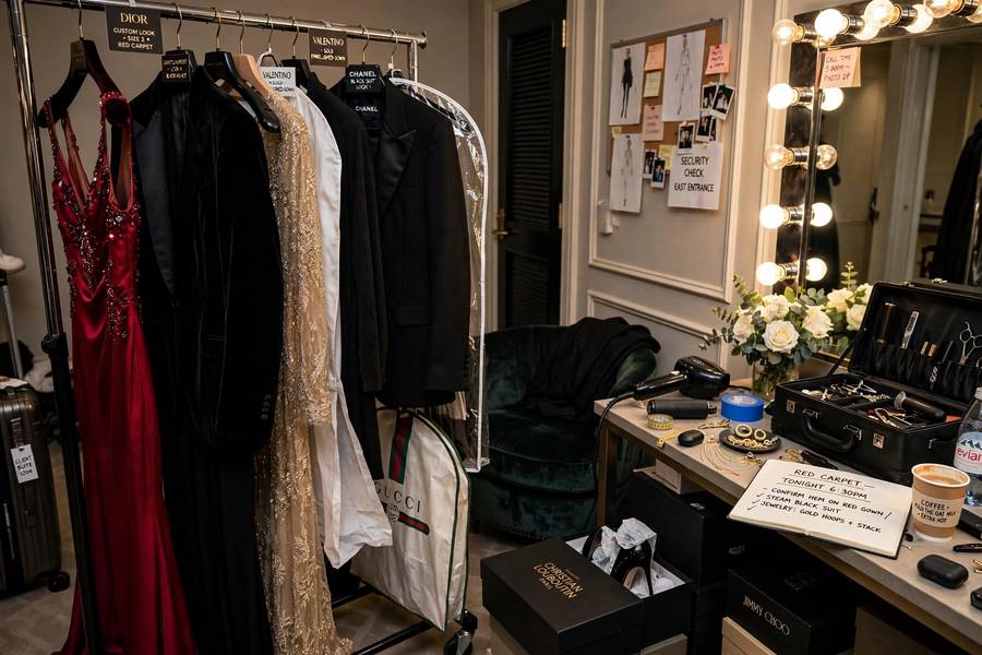 Stylist's clothing rack showing how to dress like a celebrity behind the scenes