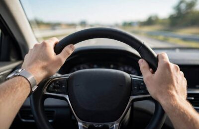 Driver's hands on the steering wheel during smooth highway driving