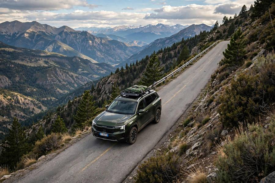 Car climbing a steep mountain grade on a scenic road