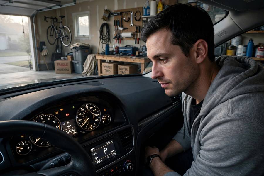 Driver checking dashboard gauges before a morning drive