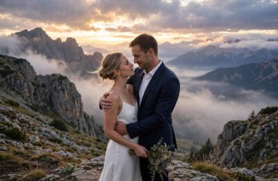 A couple exchanging vows on a mountaintop — learning how to elope starts with choosing a meaningful location
