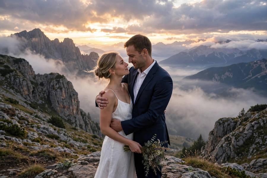 A couple exchanging vows on a mountaintop — learning how to elope starts with choosing a meaningful location