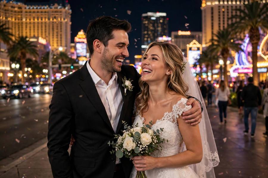 Newlyweds celebrating on the Vegas Strip