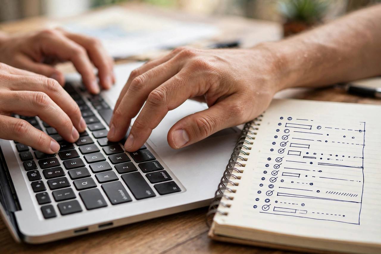 Close-up of hands typing on a laptop keyboard with a notebook showing a blog post outline beside it