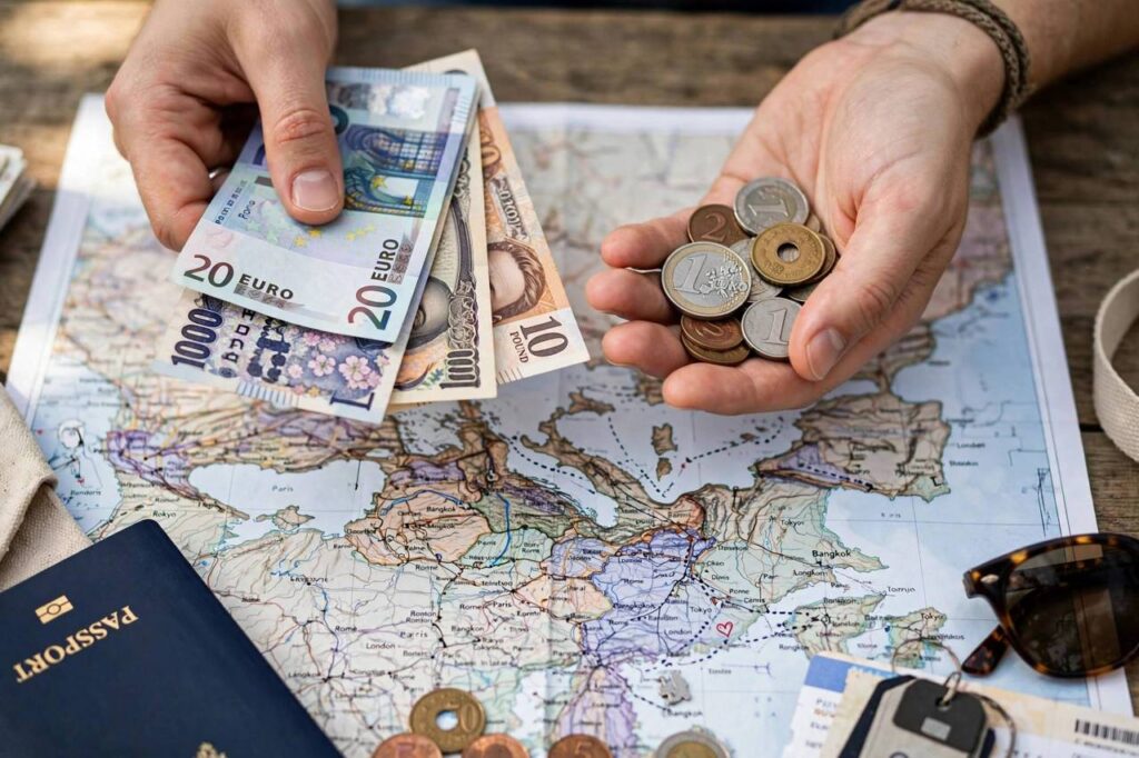 Hands holding different foreign currency banknotes and coins over a travel map