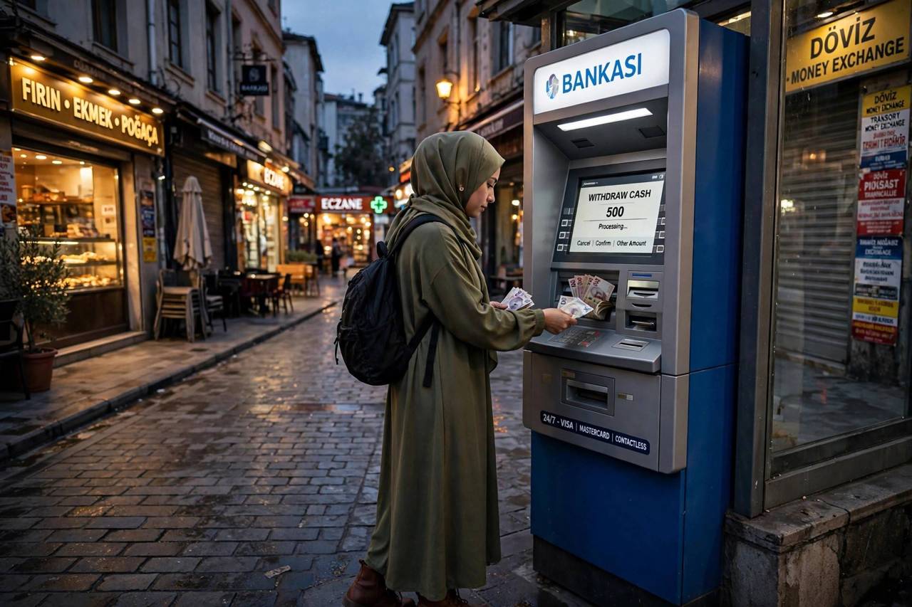Traveler withdrawing local currency from an ATM in a foreign city street at dusk