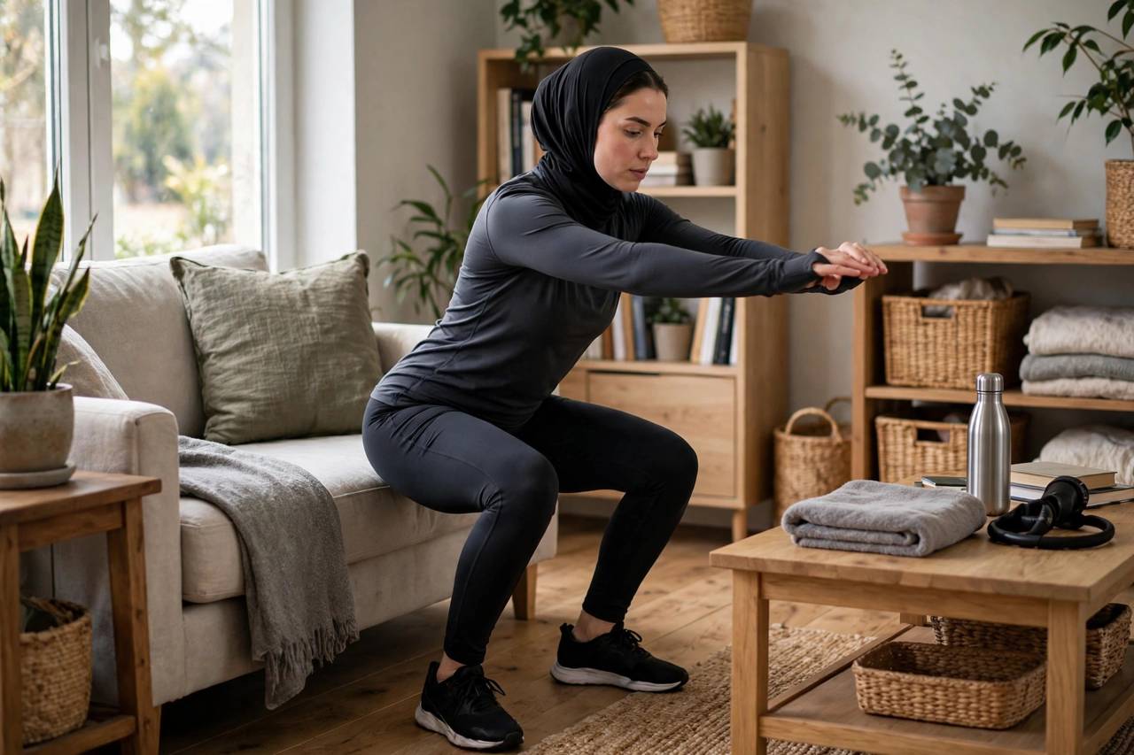 Person in modest full-coverage athletic wear doing bodyweight squats in a living room during a short home workout