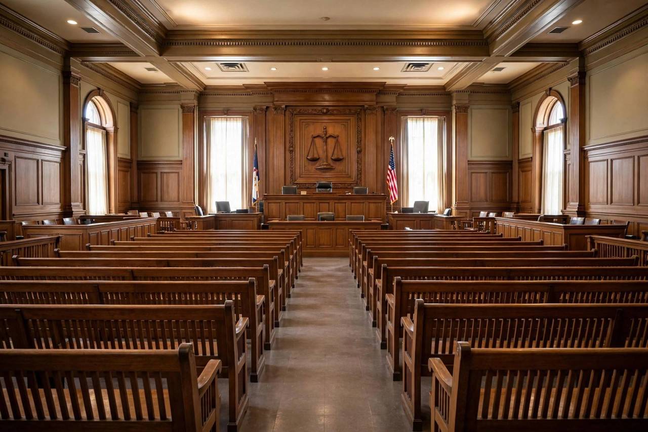 Empty courtroom interior with wooden benches viewed from the back