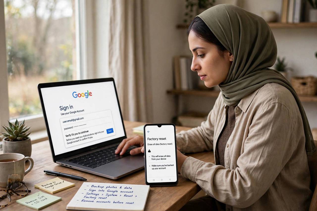 Person signing into a Google account on a laptop to verify the password before a factory reset
