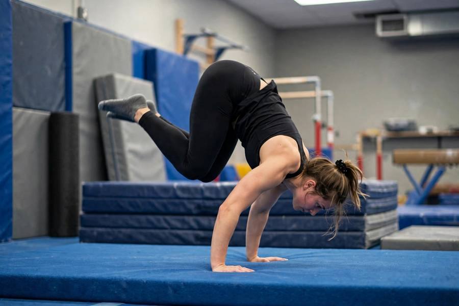 Person practicing a forward roll exit from a handstand on a mat