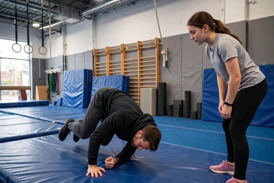 Coach teaching safe falling technique in a gym