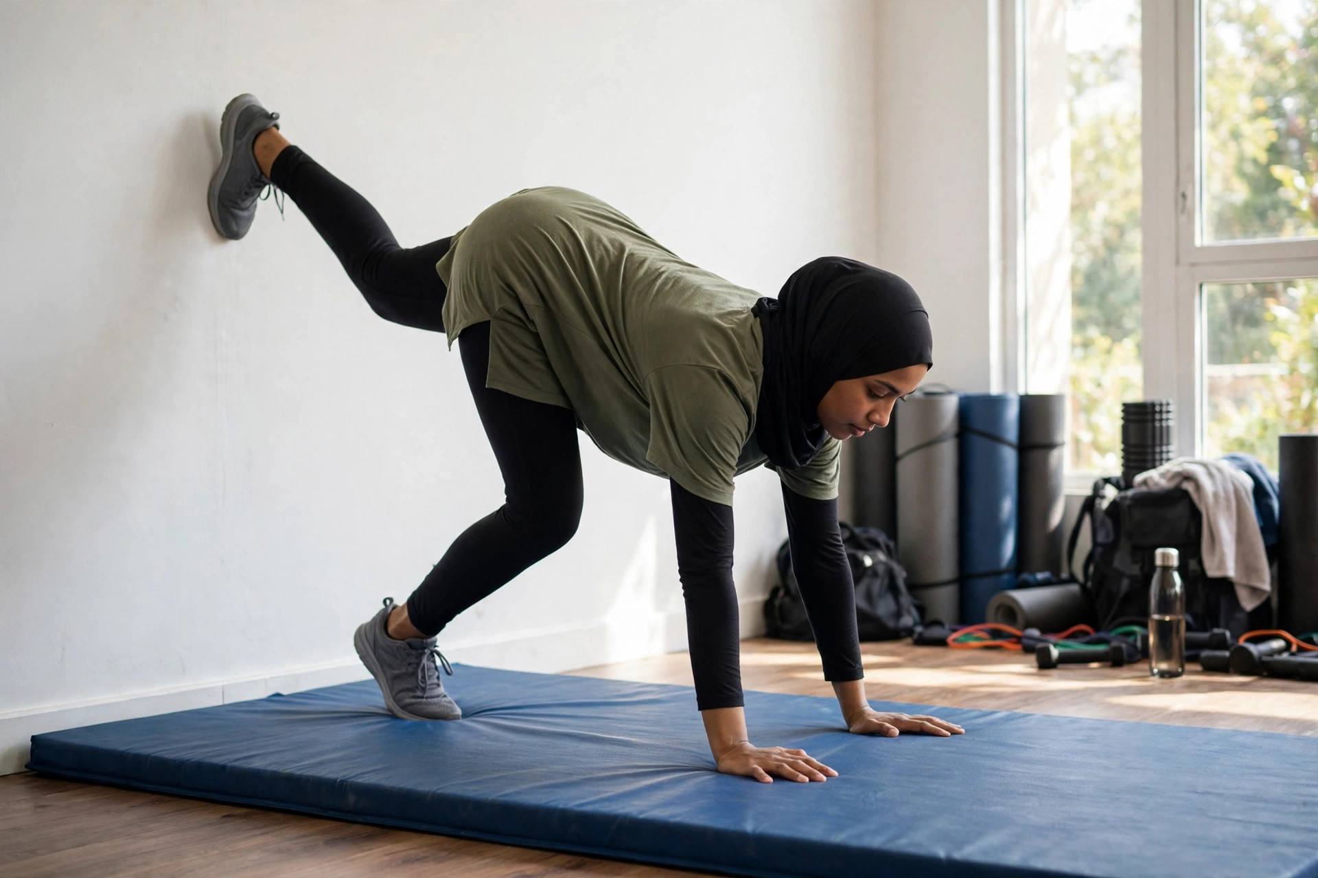 Woman safely stepping out of a wall handstand sideways
