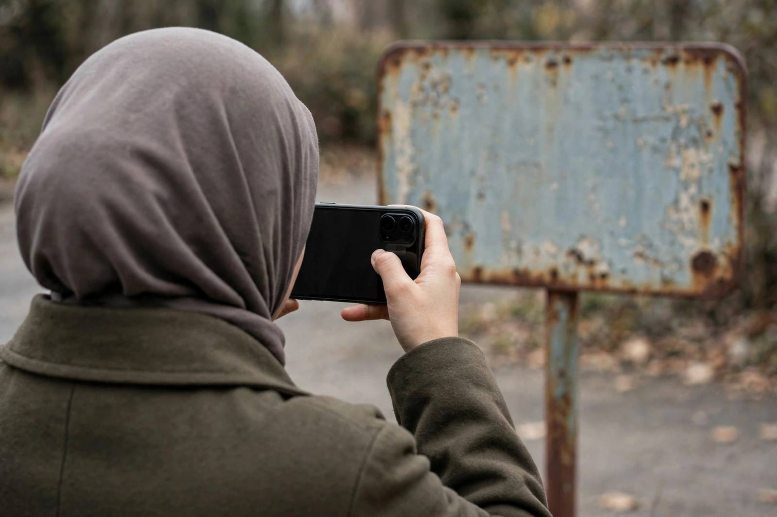 Close-up of a person photographing a faded parking sign with a smartphone