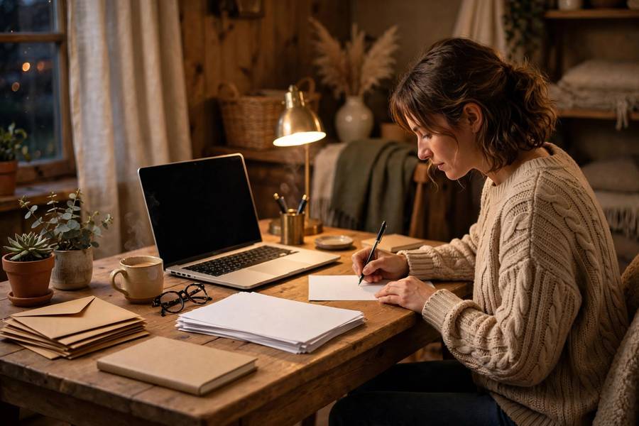 Person writing a consumer complaint at a desk with documents
