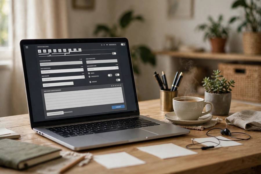 Person filing an online complaint on a laptop at a home desk