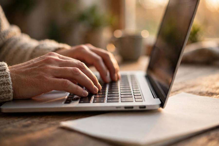 Close-up of hands typing a formal complaint letter on a laptop keyboard