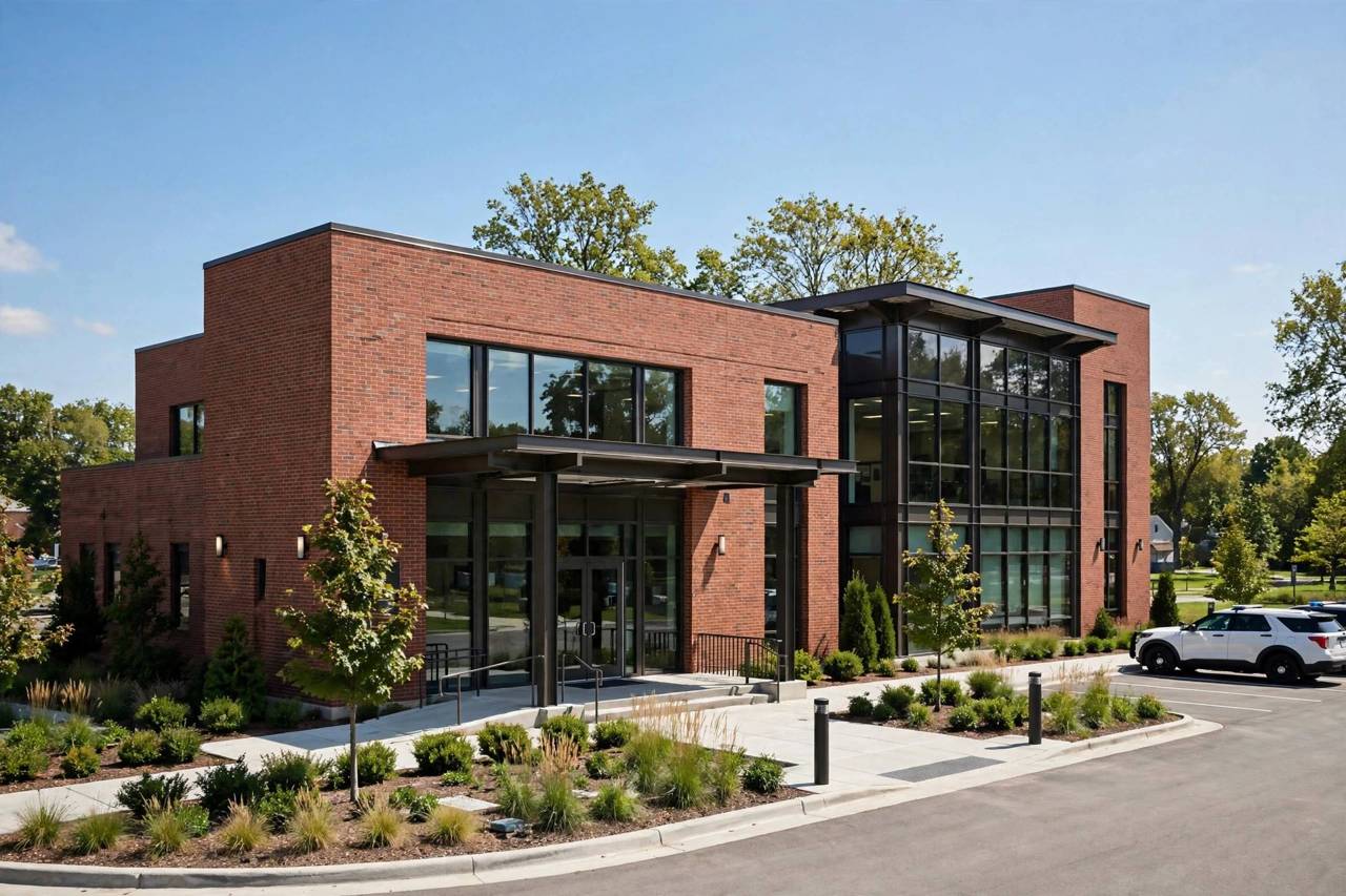 Exterior of a local police station building on a clear day