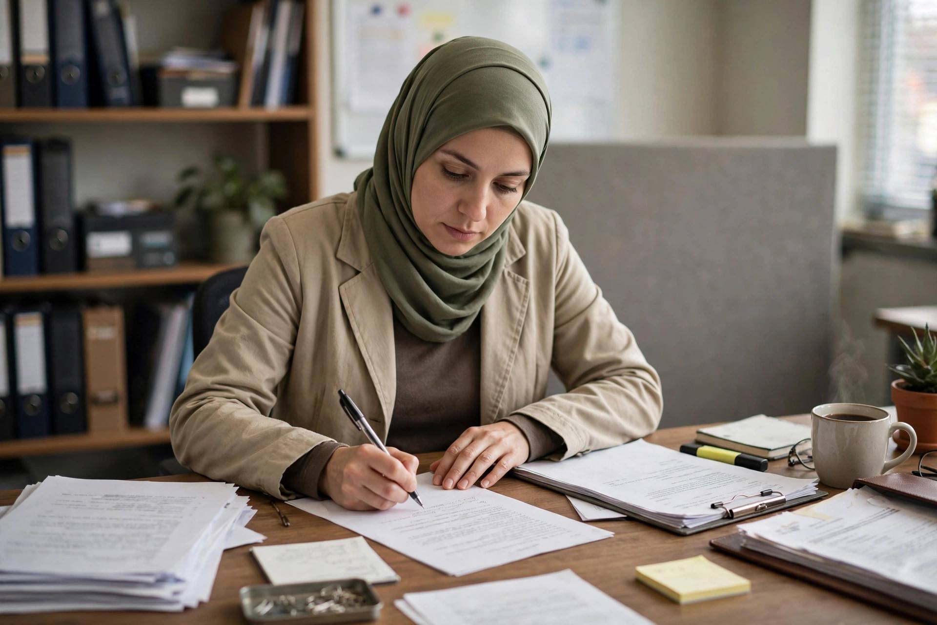 Person in modest clothing writing a statement at a desk with documents