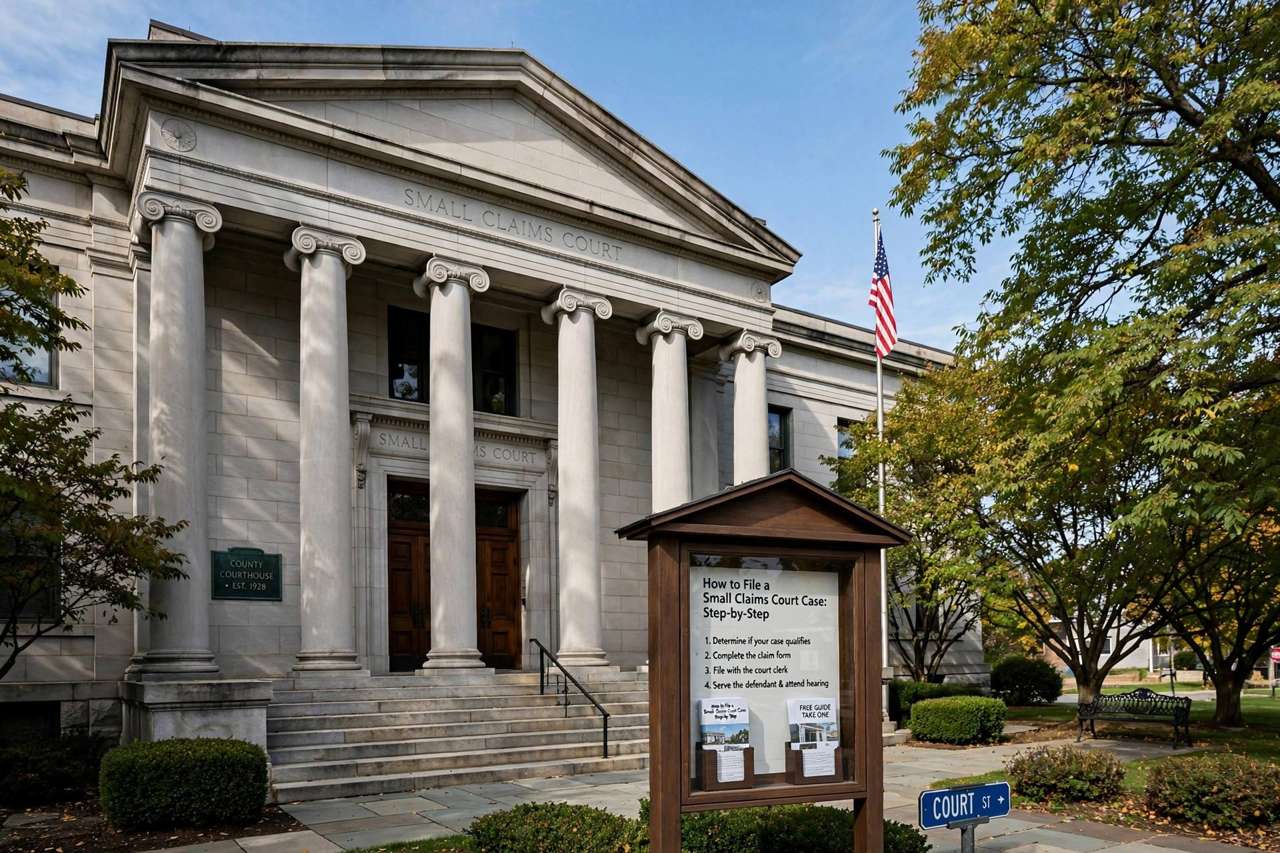 Courthouse exterior with columns on a clear day