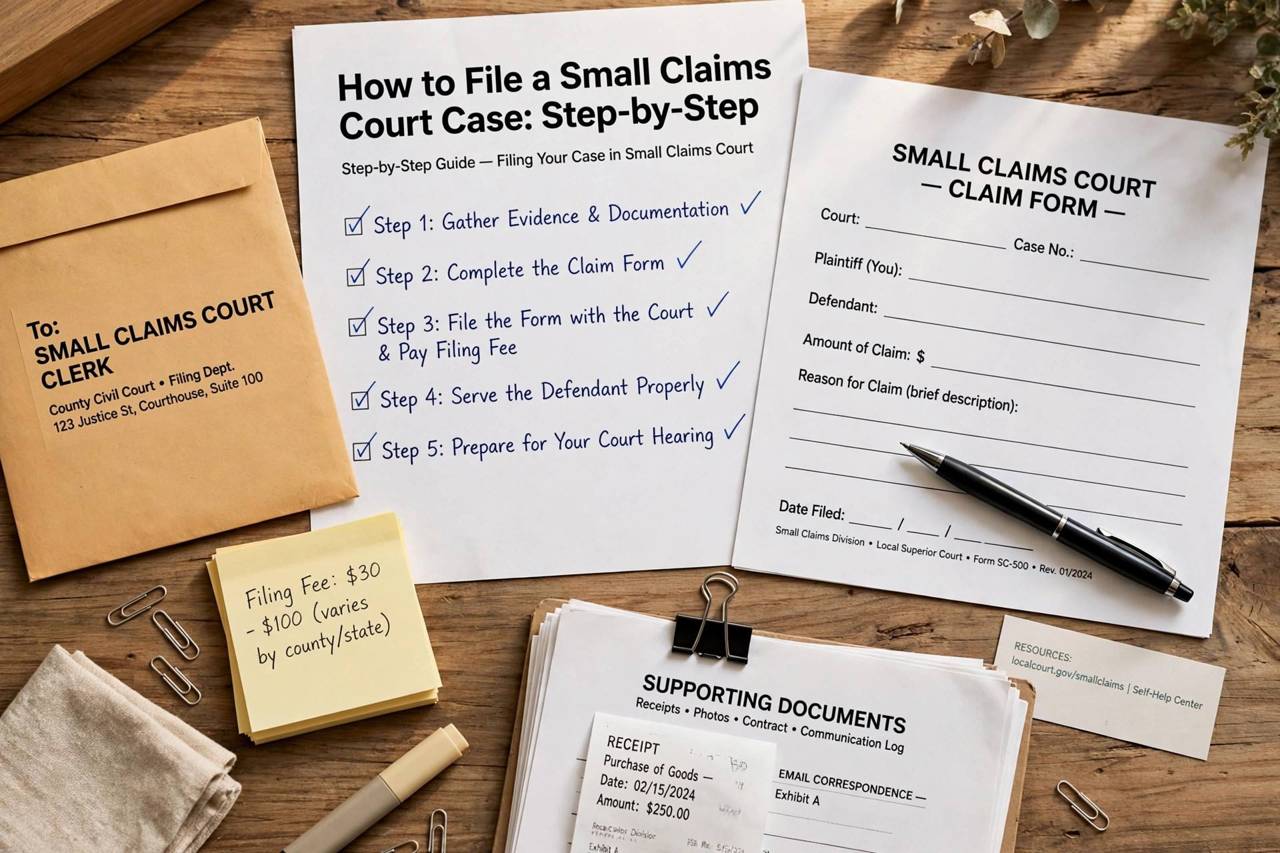 Legal forms and a pen on a wooden desk