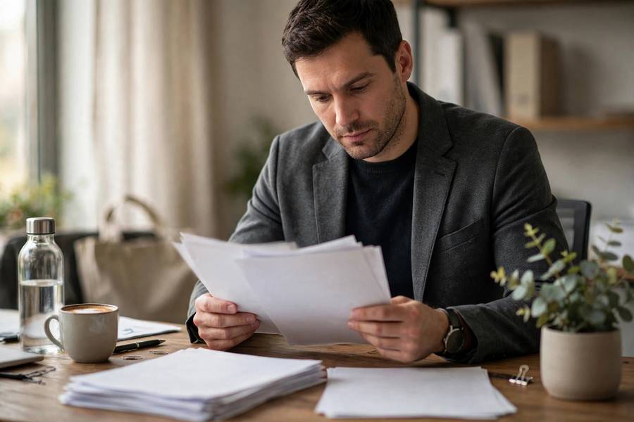 Professional reviewing broker proposals and contracts