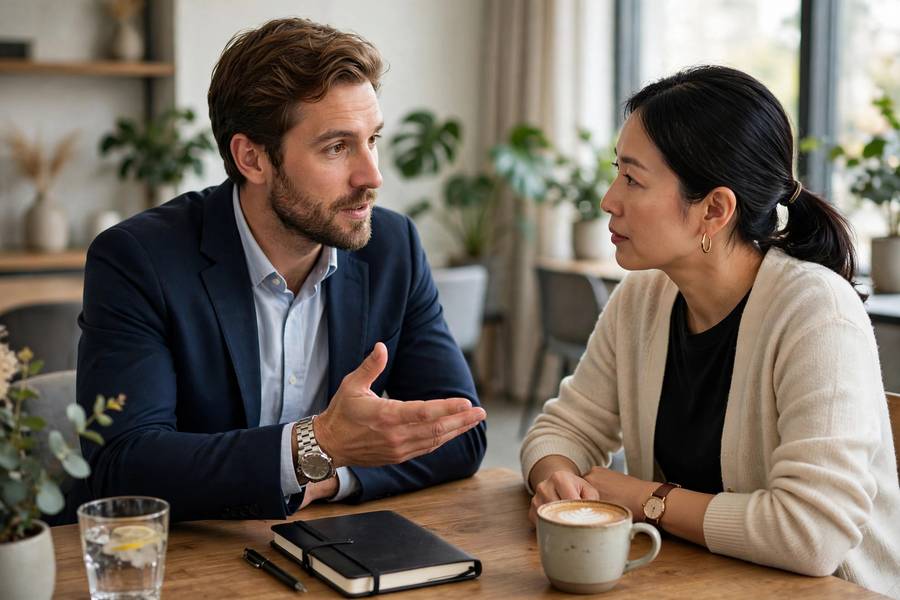 Broker presenting marketing plan to business owner