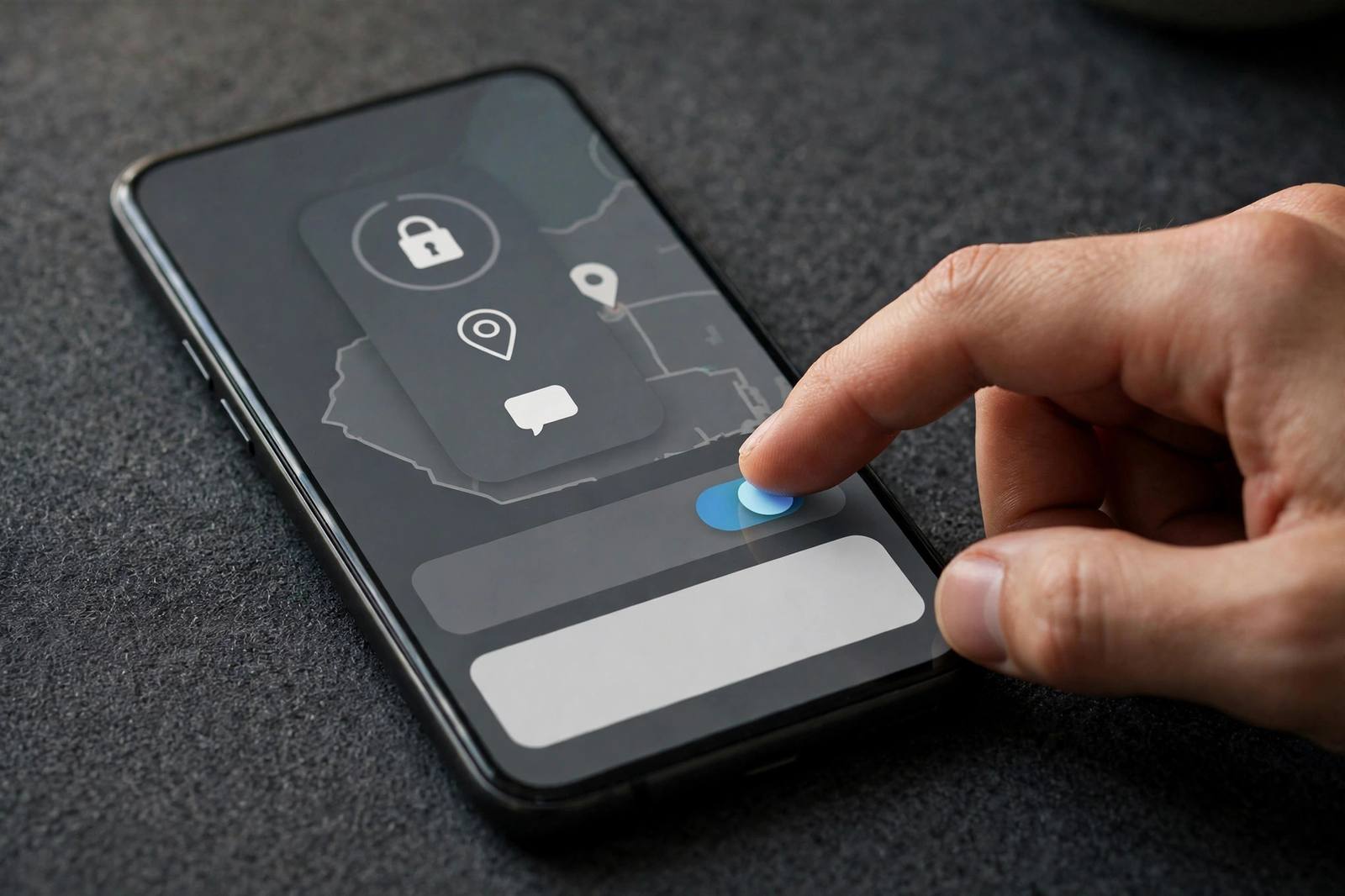 A hand activating Lost Mode alert on an iPhone showing a custom message