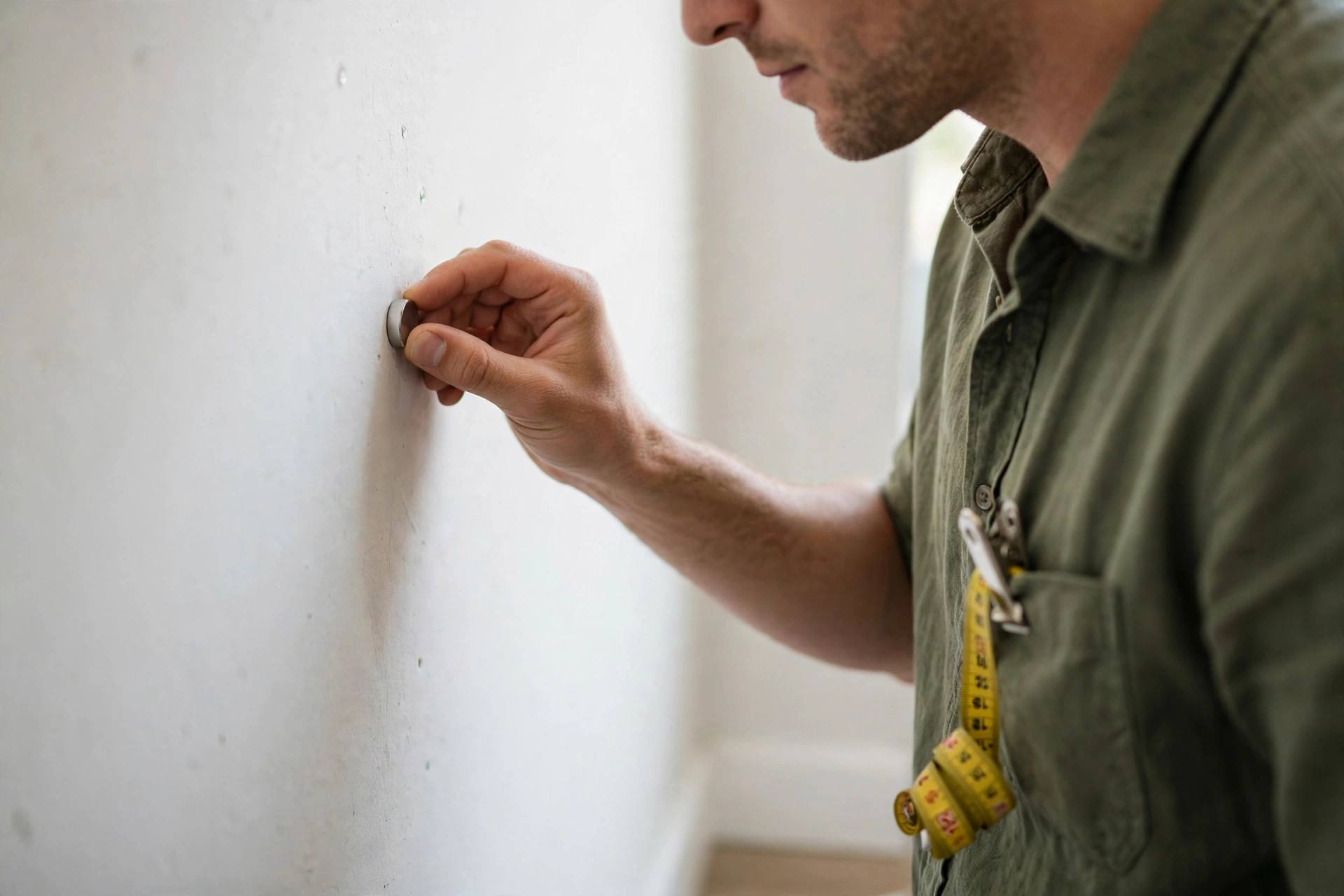 Person in a modest casual shirt using a small magnet to locate drywall screws along a wall to find a stud