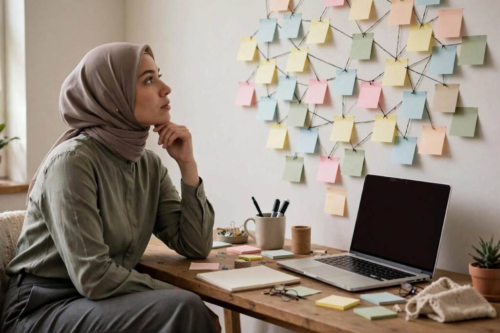 Blogger brainstorming with sticky notes and mind map on a wall beside a laptop